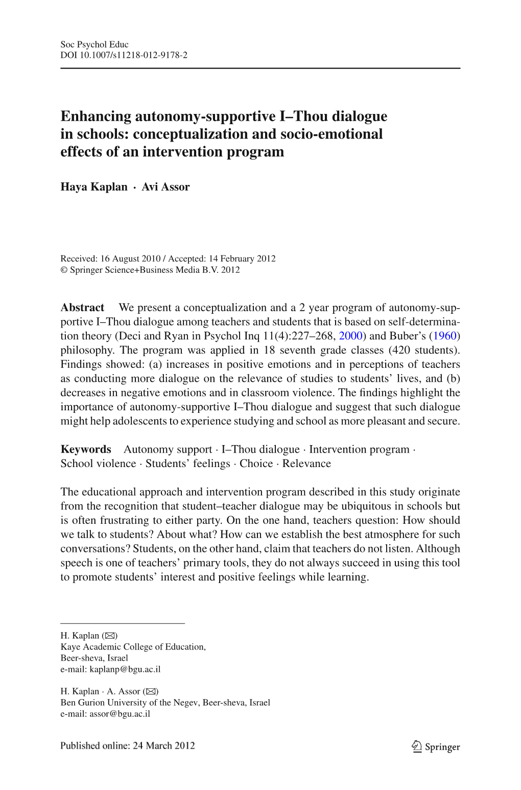 Enhancing Autonomy-Supportive I–Thou Dialogue in Schools: Conceptualization and Socio-Emotional Effects of an Intervention Program