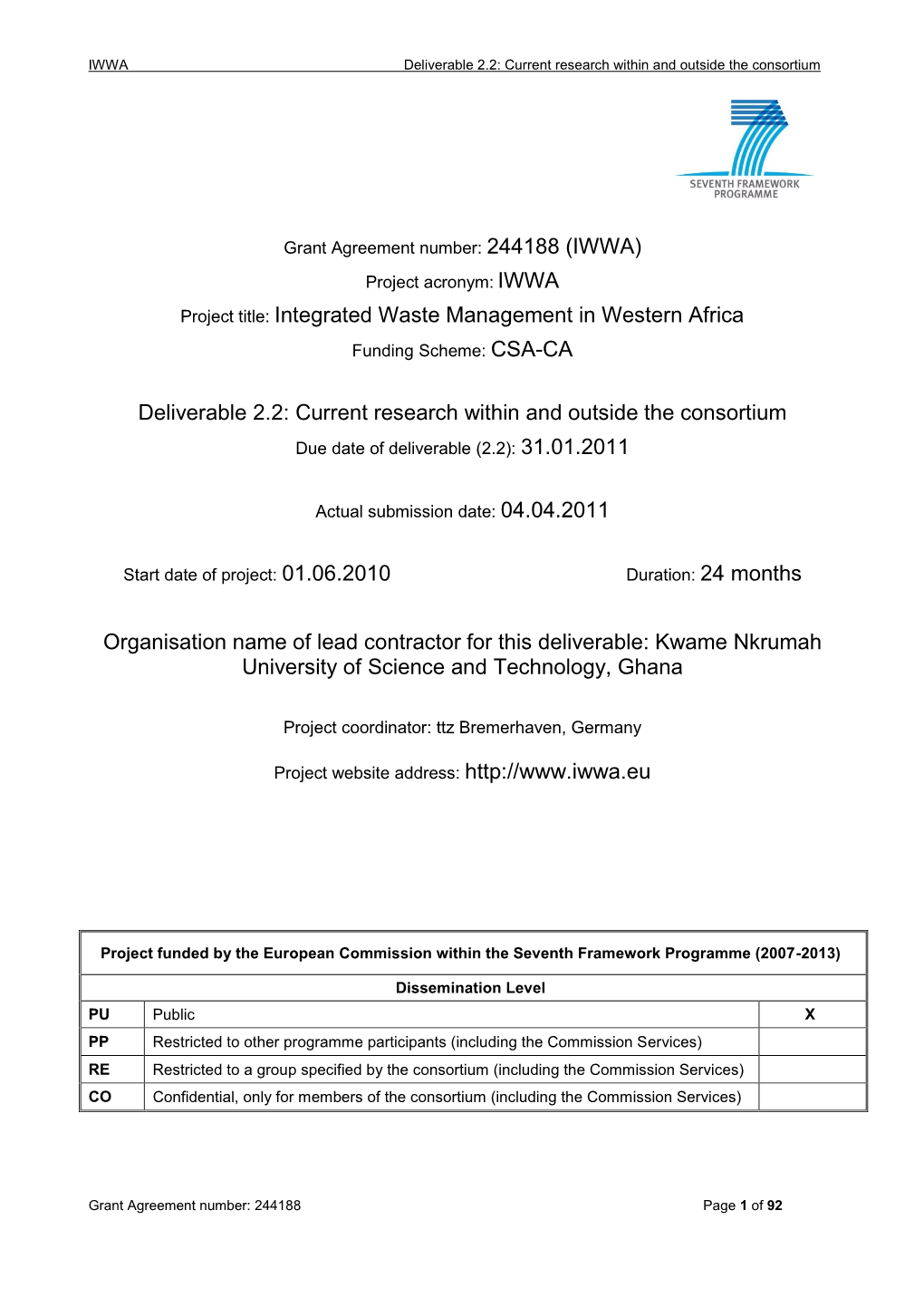 Project Title: Integrated Waste Management in Western Africa Funding Scheme: CSA-CA