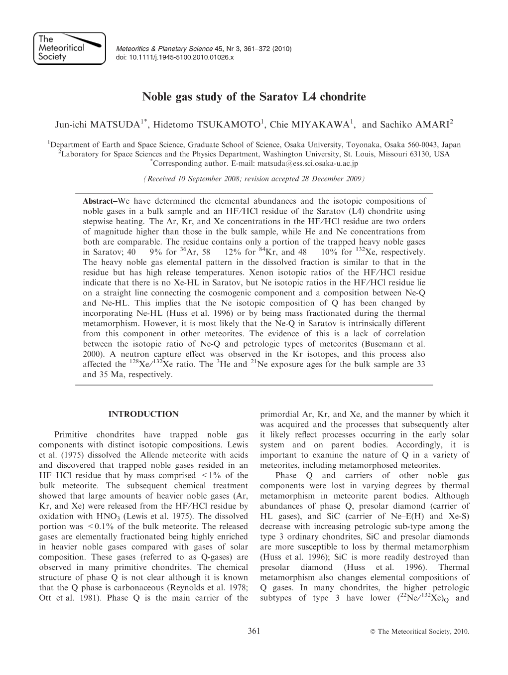 Noble Gas Study of the Saratov L4 Chondrite