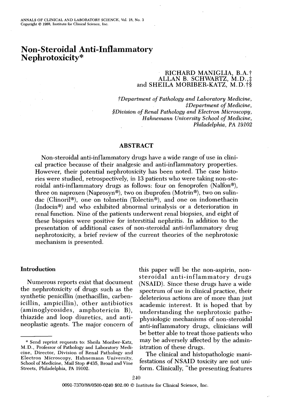 Non-Steroidal Anti-Inflammatory Nephrotoxicity* RICHARD MANIGLIA, B.A.T ALLAN B