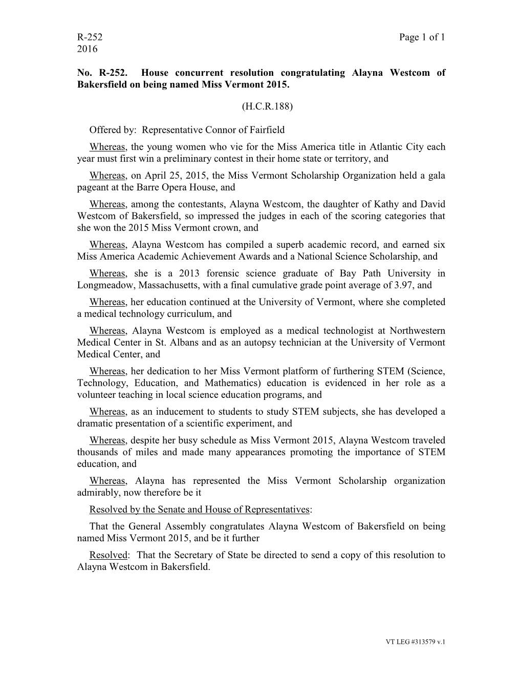 R-252 Page 1 of 1 2016 No. R-252. House Concurrent