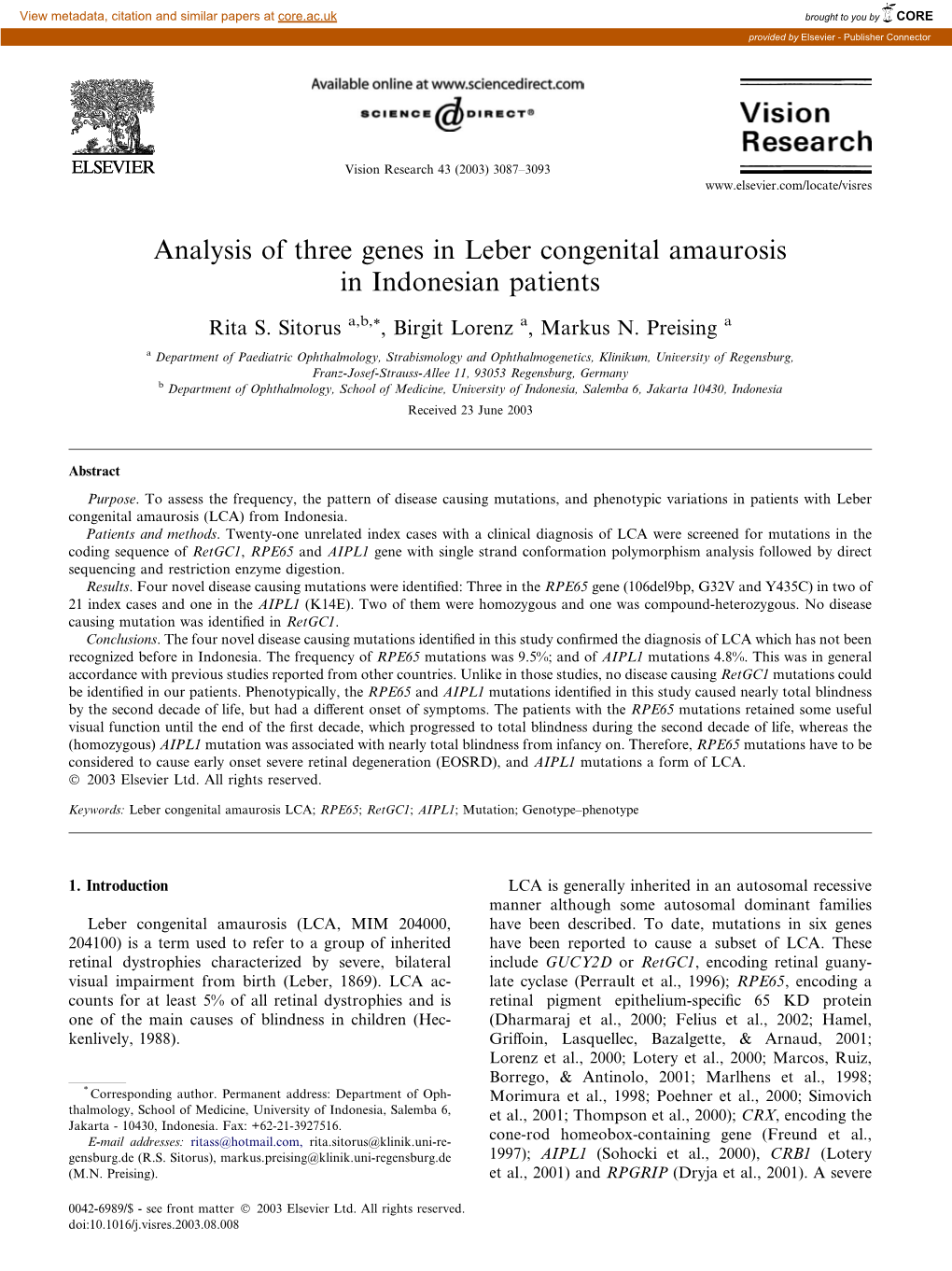 Analysis of Three Genes in Leber Congenital Amaurosis in Indonesian Patients