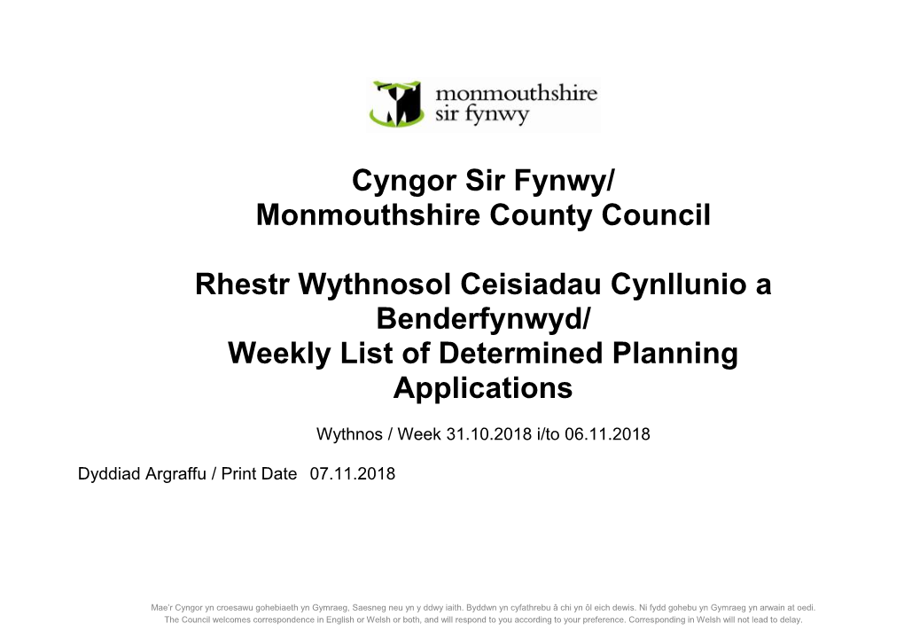 Cyngor Sir Fynwy/ Monmouthshire County Council Rhestr Wythnosol