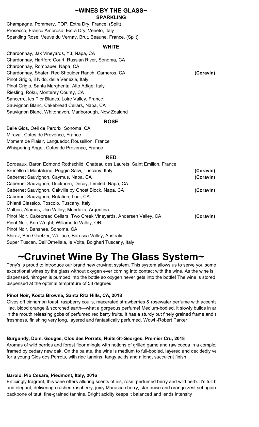 Cruvinet Wine by the Glass System~ Tony's Is Proud to Introduce Our Brand New Cruvinet System