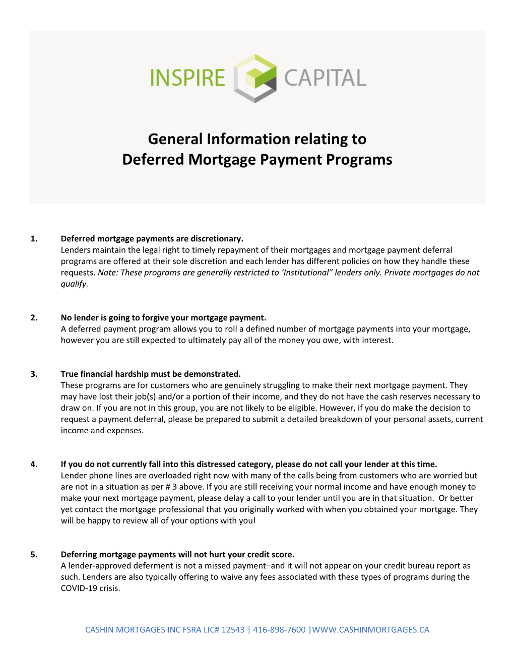 General Information Relating to Deferred Mortgage Payment Programs