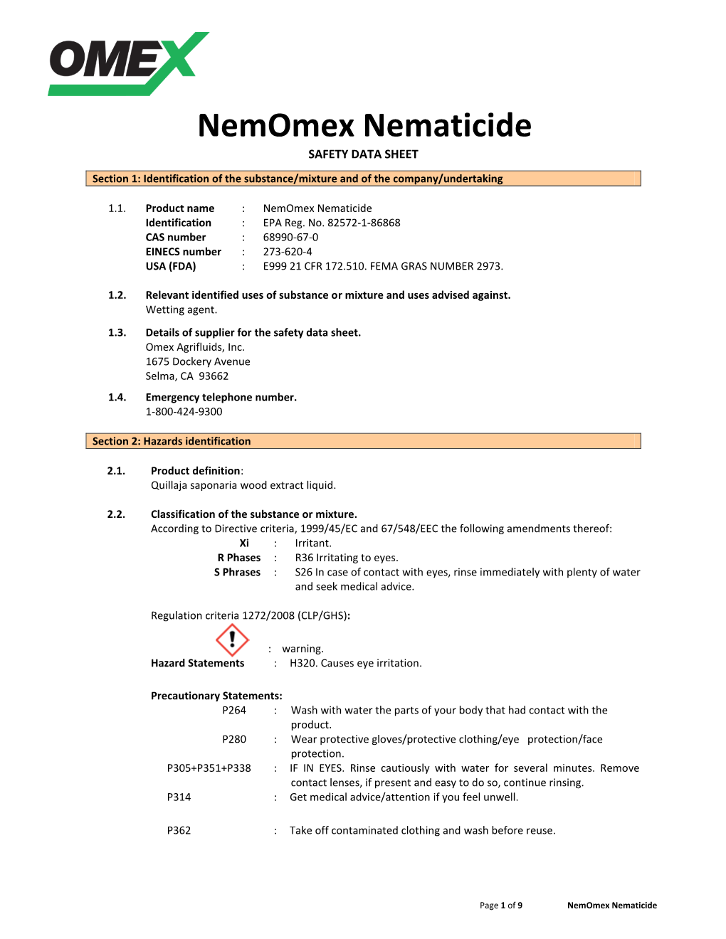 Nemomex Nematicide SAFETY DATA SHEET