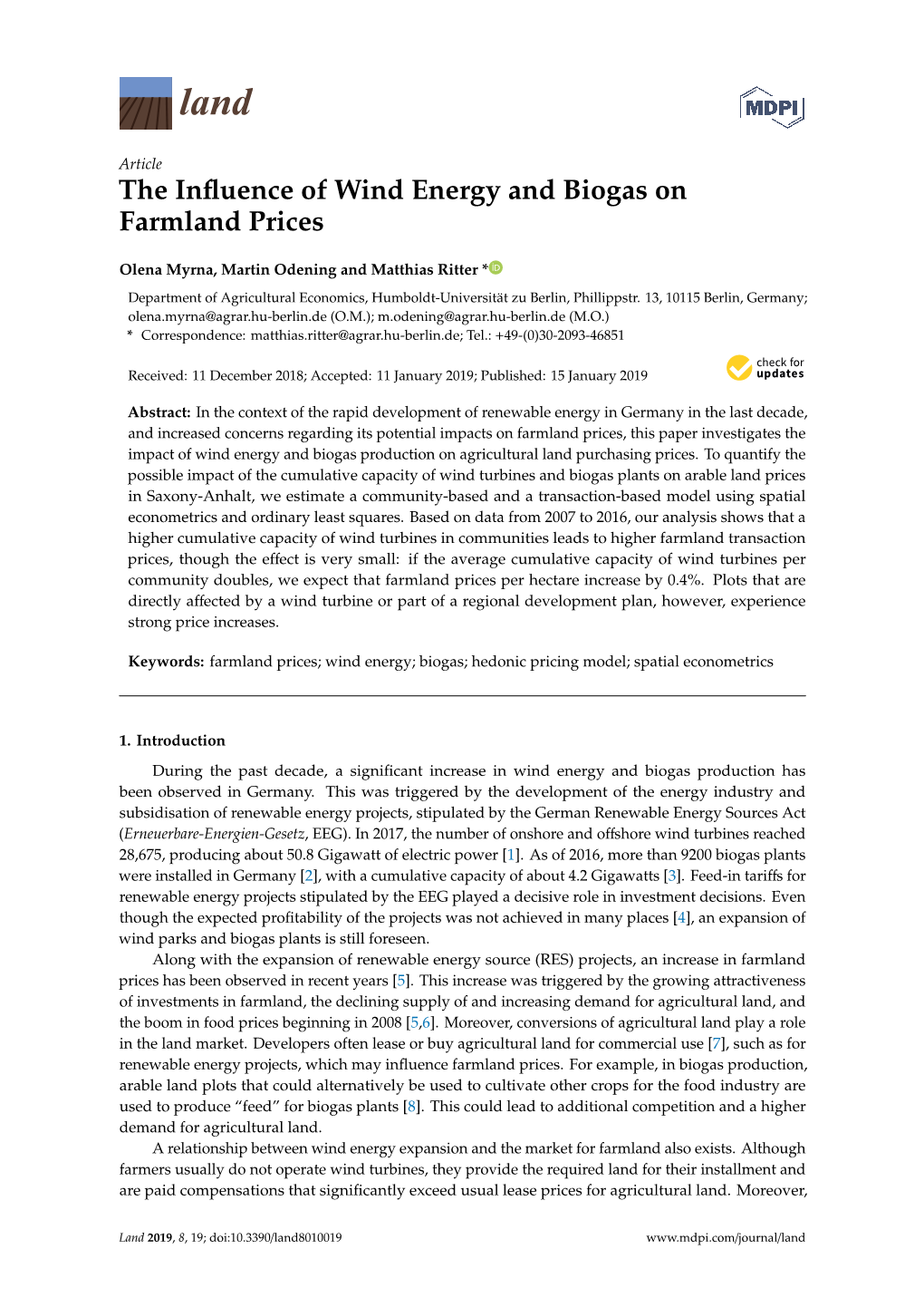 The Influence of Wind Energy and Biogas on Farmland Prices