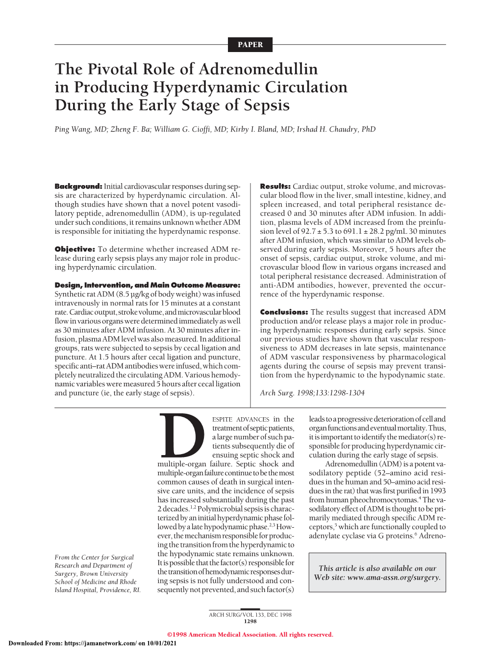 The Pivotal Role of Adrenomedullin in Producing Hyperdynamic Circulation During the Early Stage of Sepsis