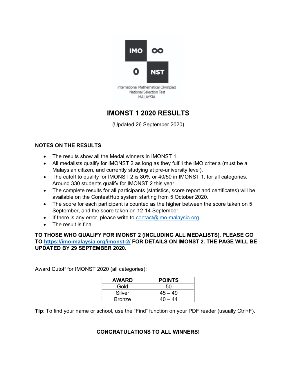 IMONST 1 2020 RESULTS (Updated 26 September 2020)