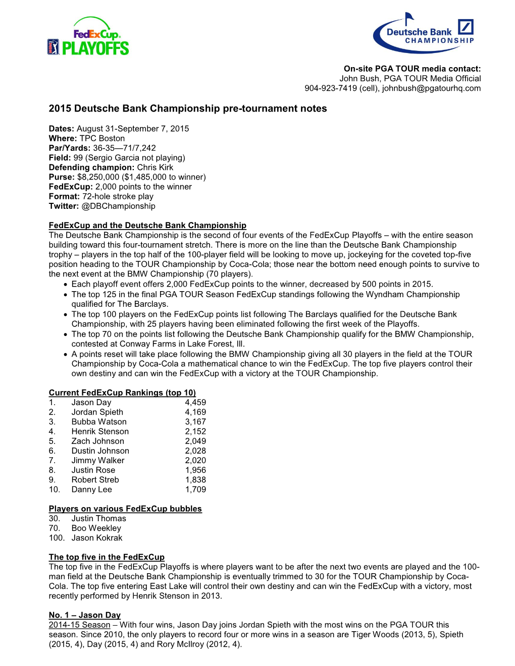 2015 Deutsche Bank Championship Pre-Tournament Notes