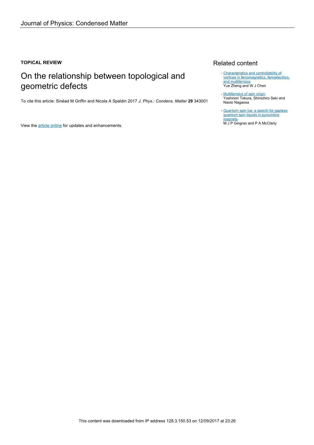 On the Relationship Between Topological and Geometric Defects E-Mail: Sgriffin@Lbl.Gov and Nicola.Spaldin@Mat.Ethz.Ch