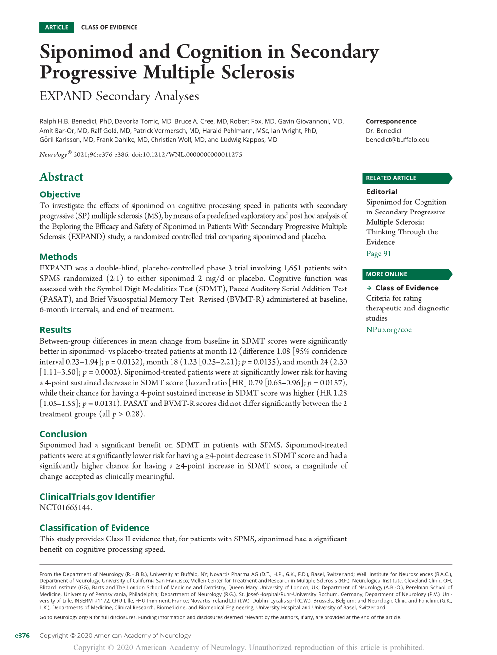 Siponimod and Cognition in Secondary Progressive Multiple Sclerosis EXPAND Secondary Analyses