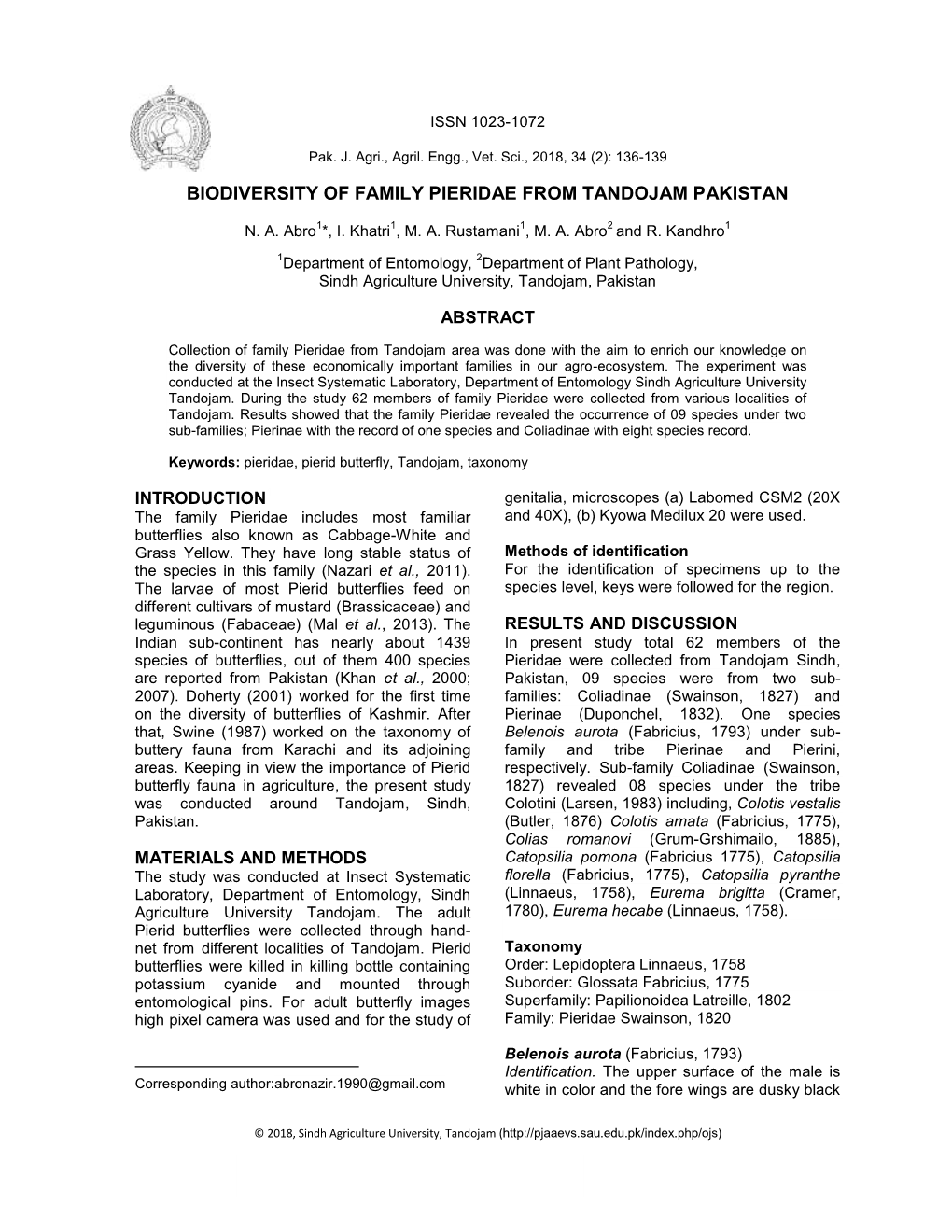 Biodiversity of Family Pieridae from Tandojam Pakistan