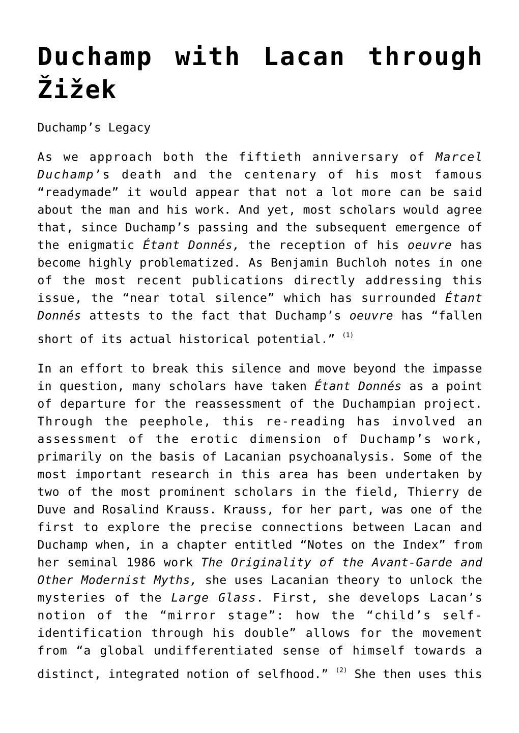 Duchamp with Lacan Through Žižek,On “The Creative Act”