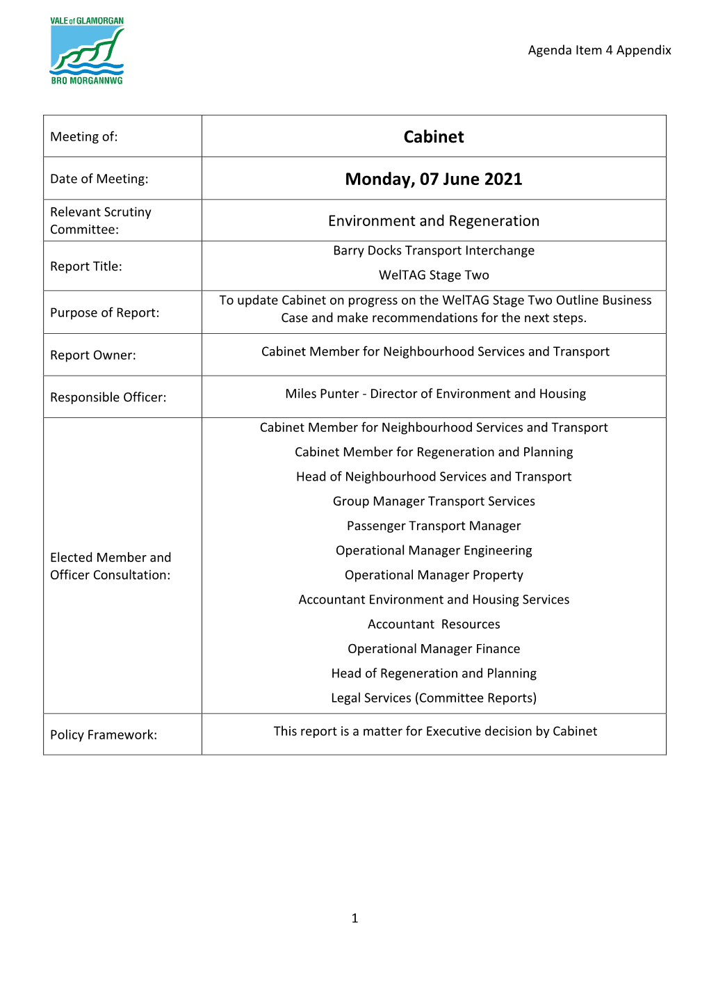 Barry Docks Transport Interchange Cabinet Report