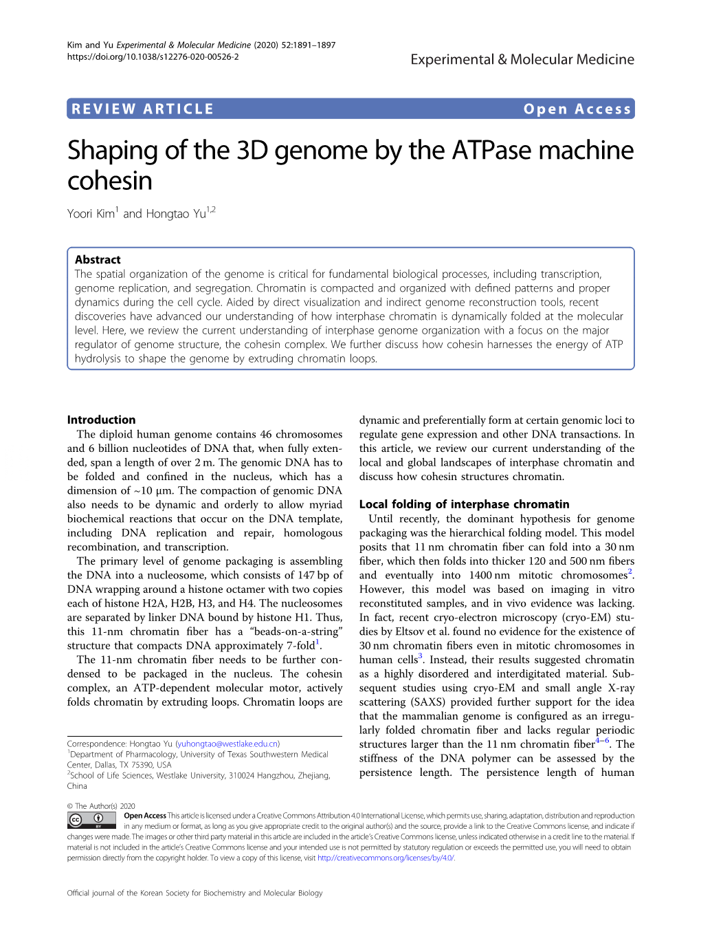 Shaping of the 3D Genome by the Atpase Machine Cohesin Yoori Kim1 and Hongtao Yu1,2