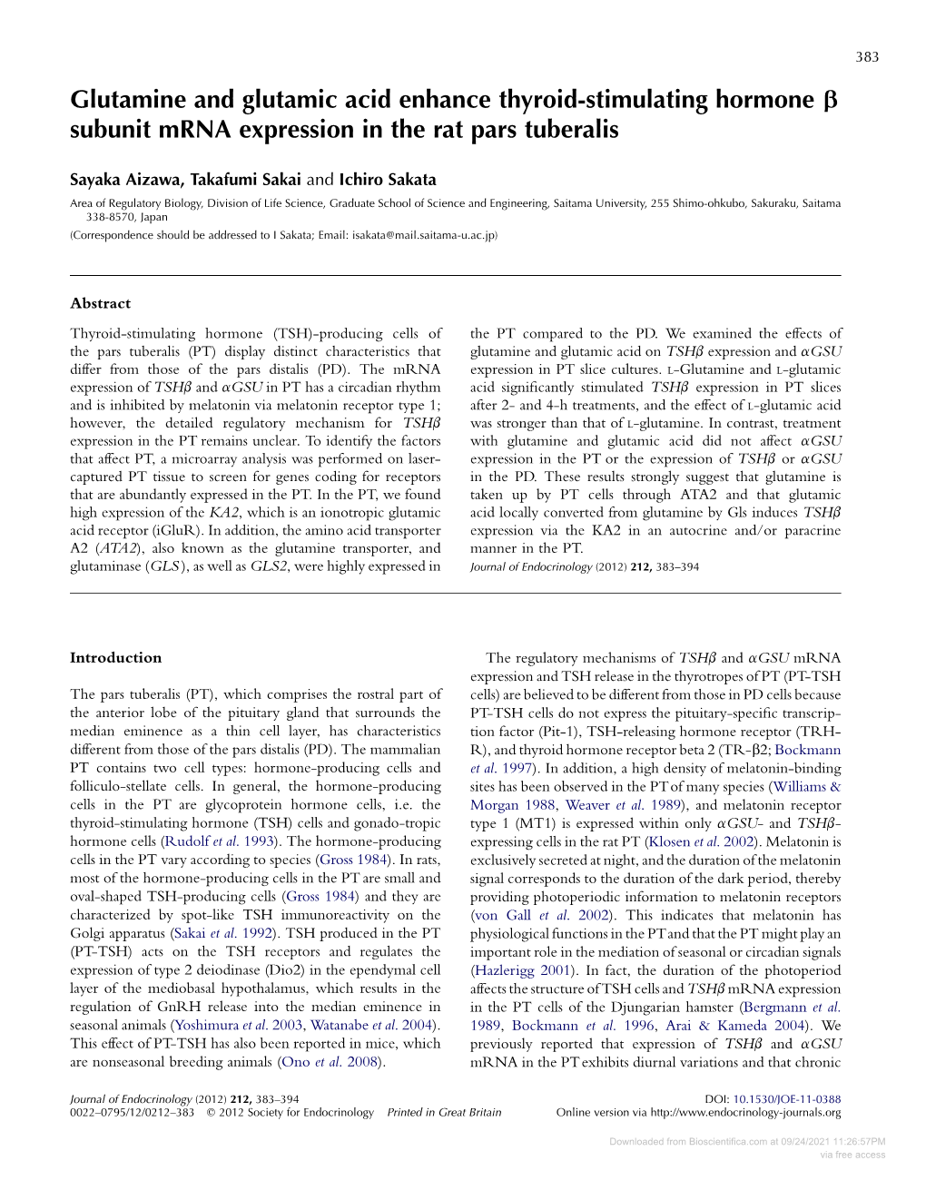 Glutamine and Glutamic Acid Enhance Thyroid-Stimulating Hormone B Subunit Mrna Expression in the Rat Pars Tuberalis