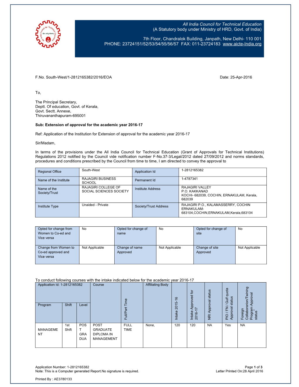 India Council for Technical Education (A Statutory Body Under Ministry of HRD, Govt