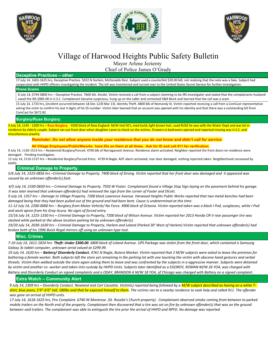 Village of Harwood Heights Public Safety Bulletin s3