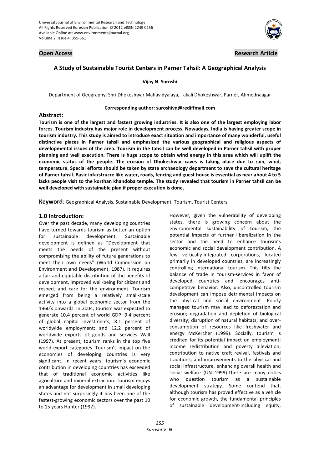 A Study of Sustainable Tourist Centers in Parner Tahsil: a Geographical Analysis