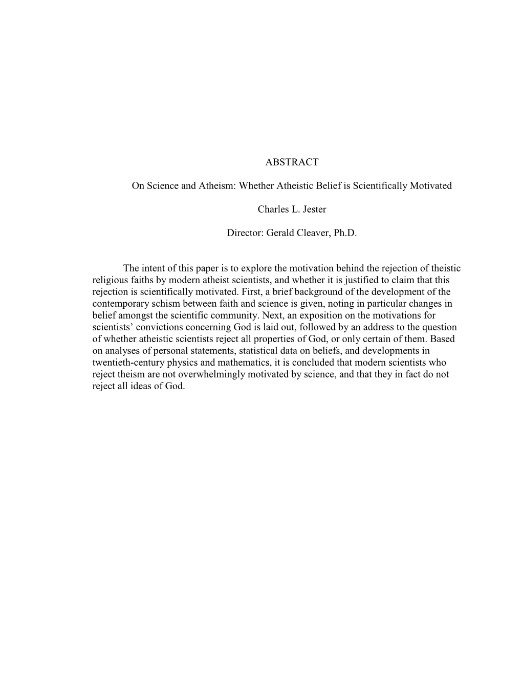 ABSTRACT on Science and Atheism: Whether Atheistic Belief Is