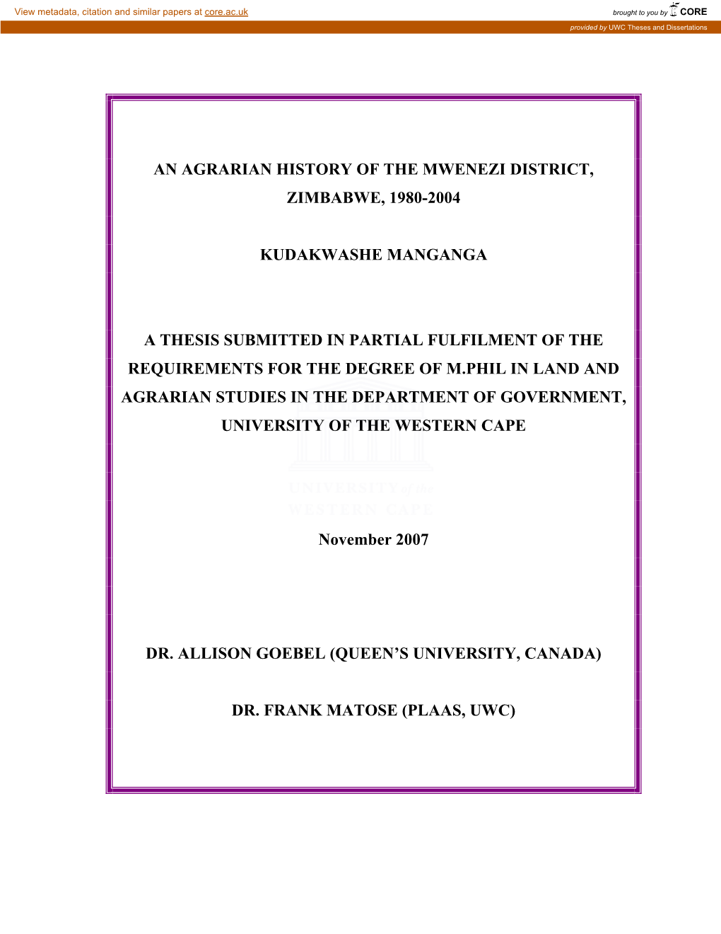 An Agrarian History of the Mwenezi District, Zimbabwe, 1980-2004