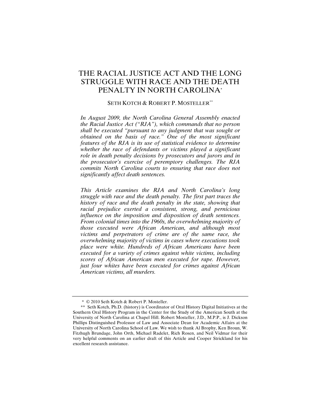 The Racial Justice Act and the Long Struggle with Race and the Death Penalty in North Carolina*