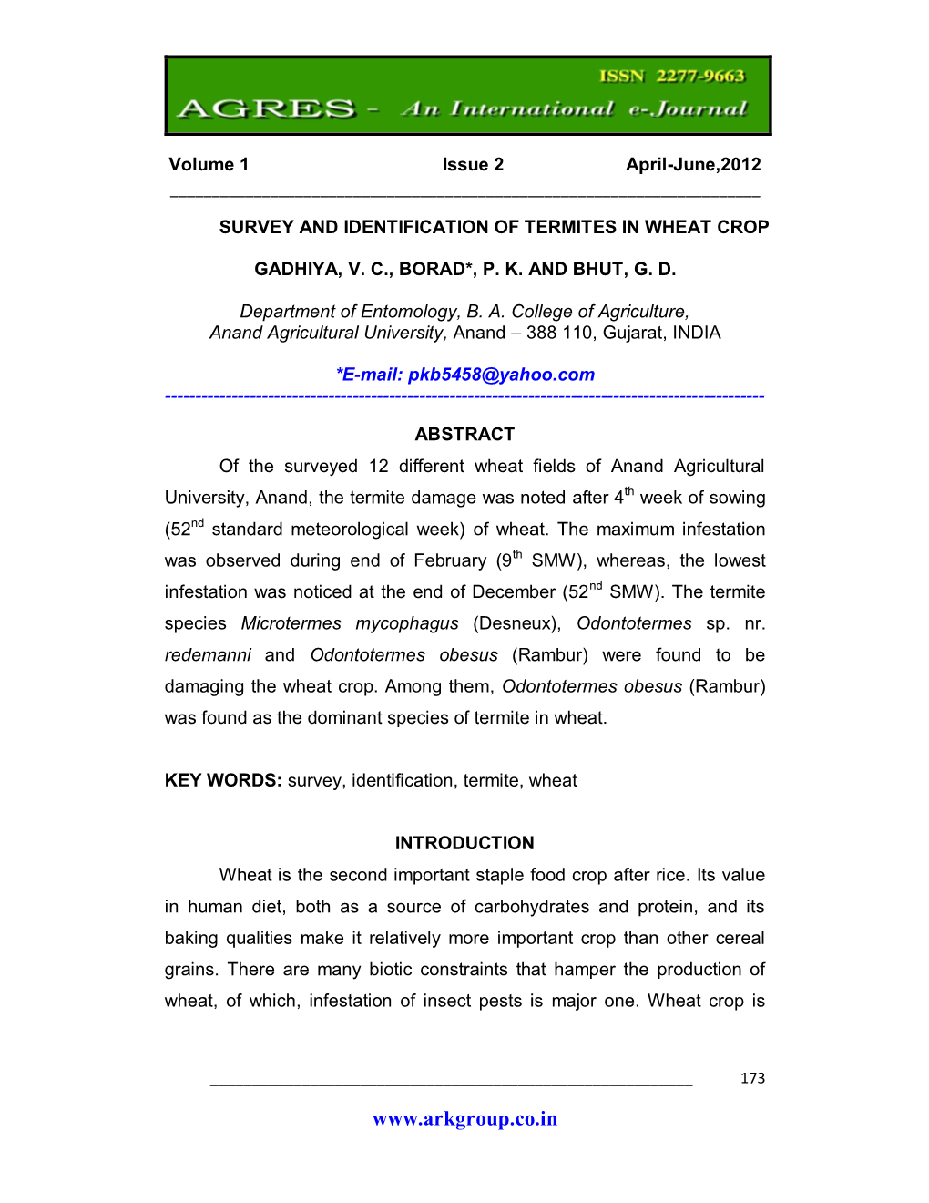 Survey and Identification of Termites in Wheat Crop