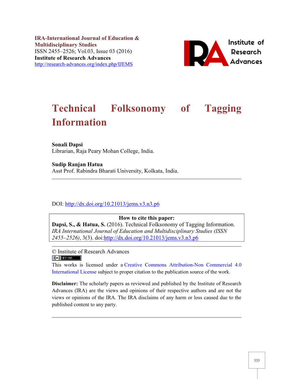 Technical Folksonomy of Tagging Information
