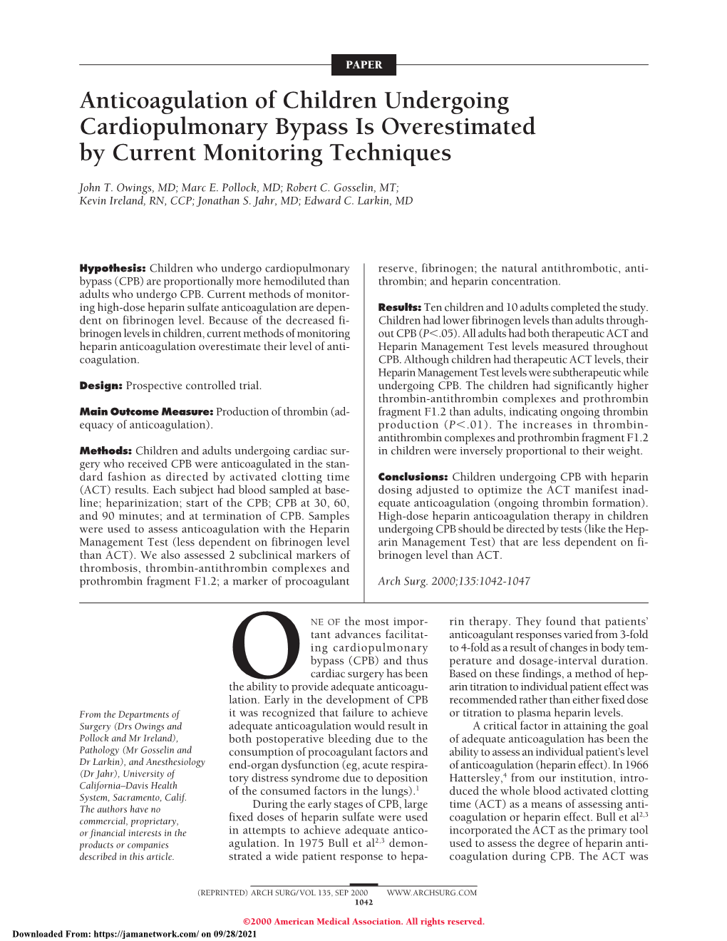 Anticoagulation of Children Undergoing Cardiopulmonary Bypass Is Overestimated by Current Monitoring Techniques