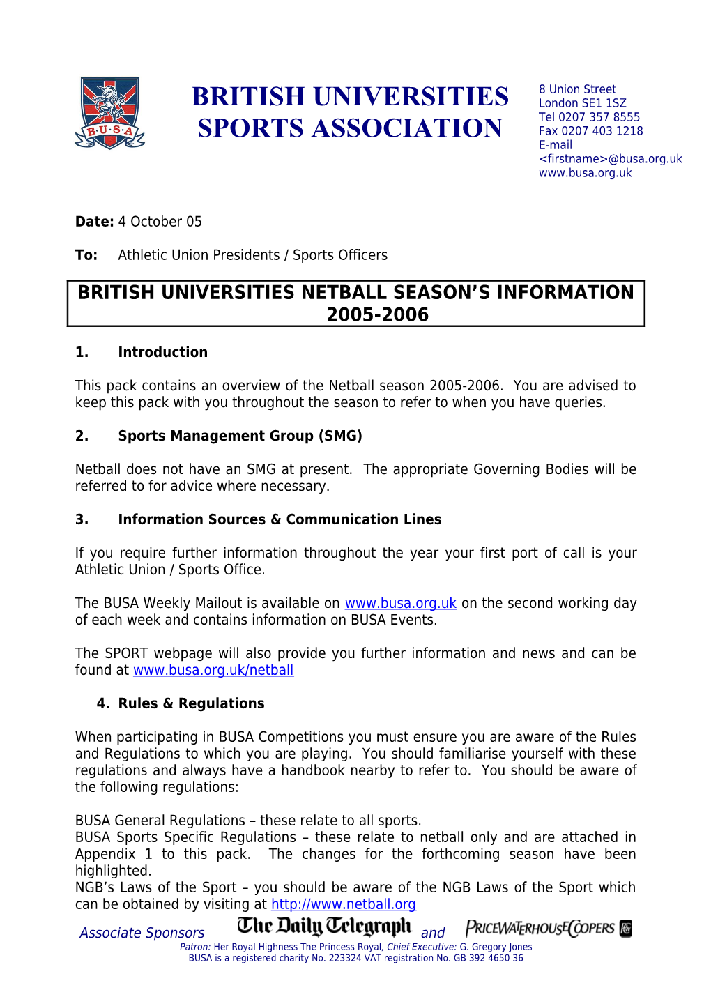 British Universities Netball Season S Information 2005-2006