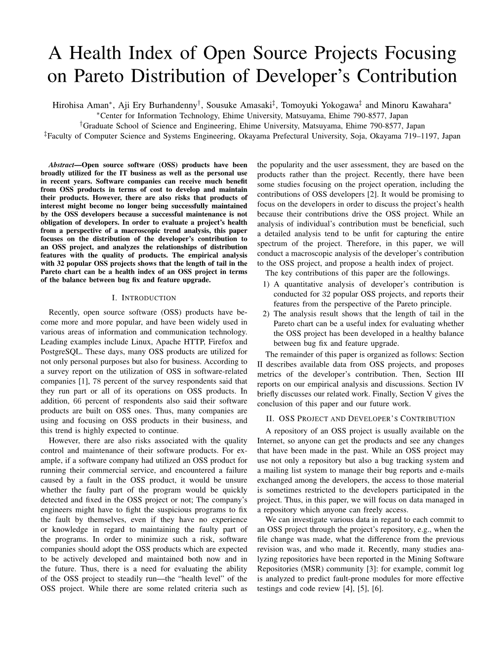 A Health Index of Open Source Projects Focusing on Pareto Distribution of Developer’S Contribution