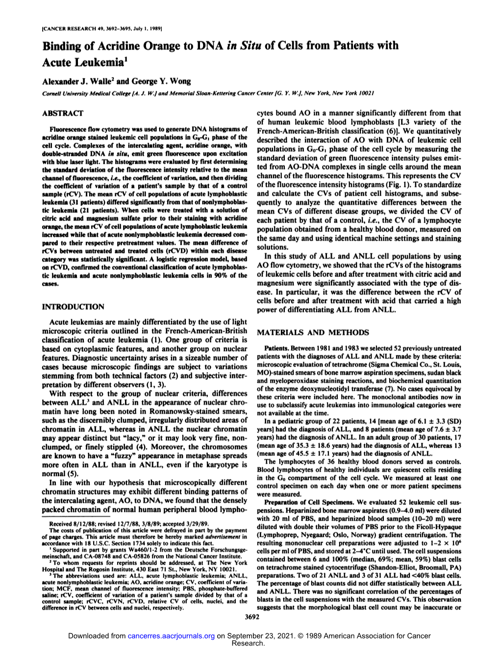 Binding of Acridine Orange to DNA in Situ of Cells from Patients with Acute Leukemia1