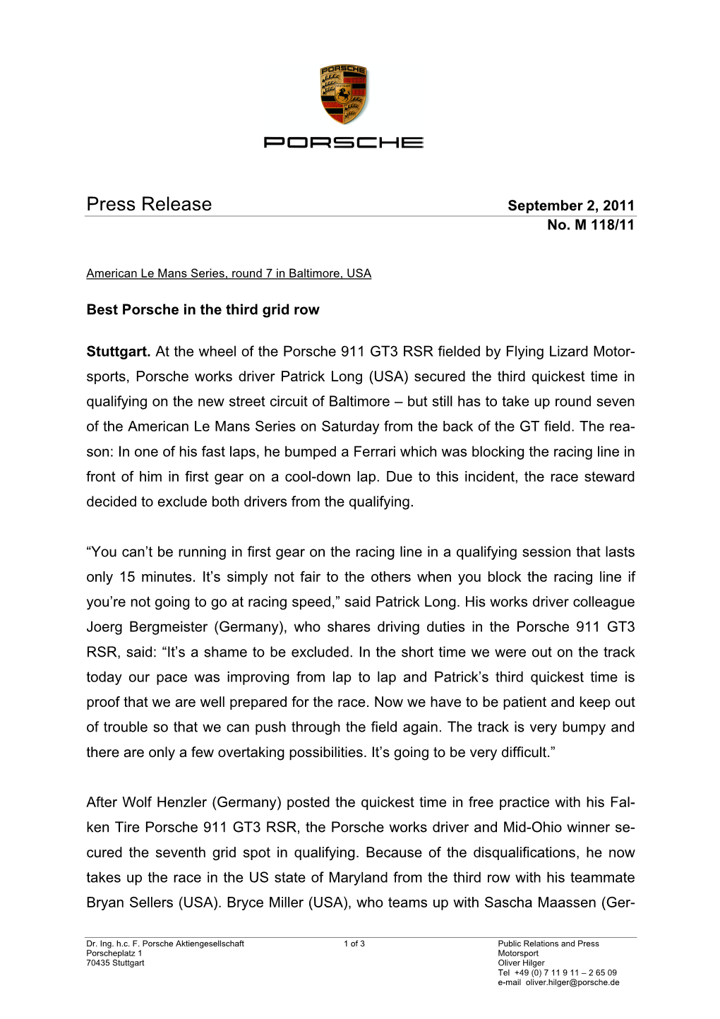 Press Release September 2, 2011 No