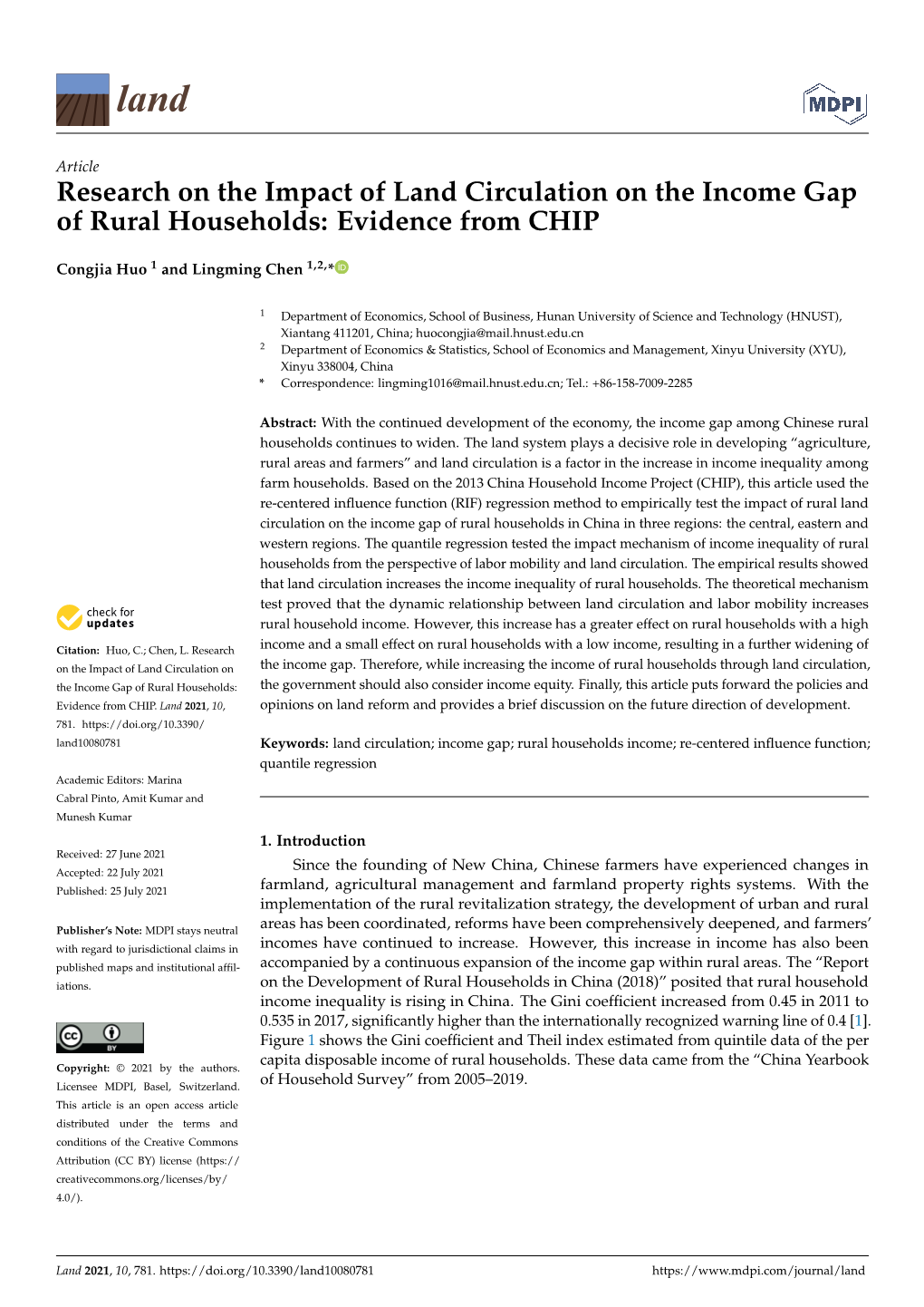 Research on the Impact of Land Circulation on the Income Gap of Rural Households: Evidence from CHIP