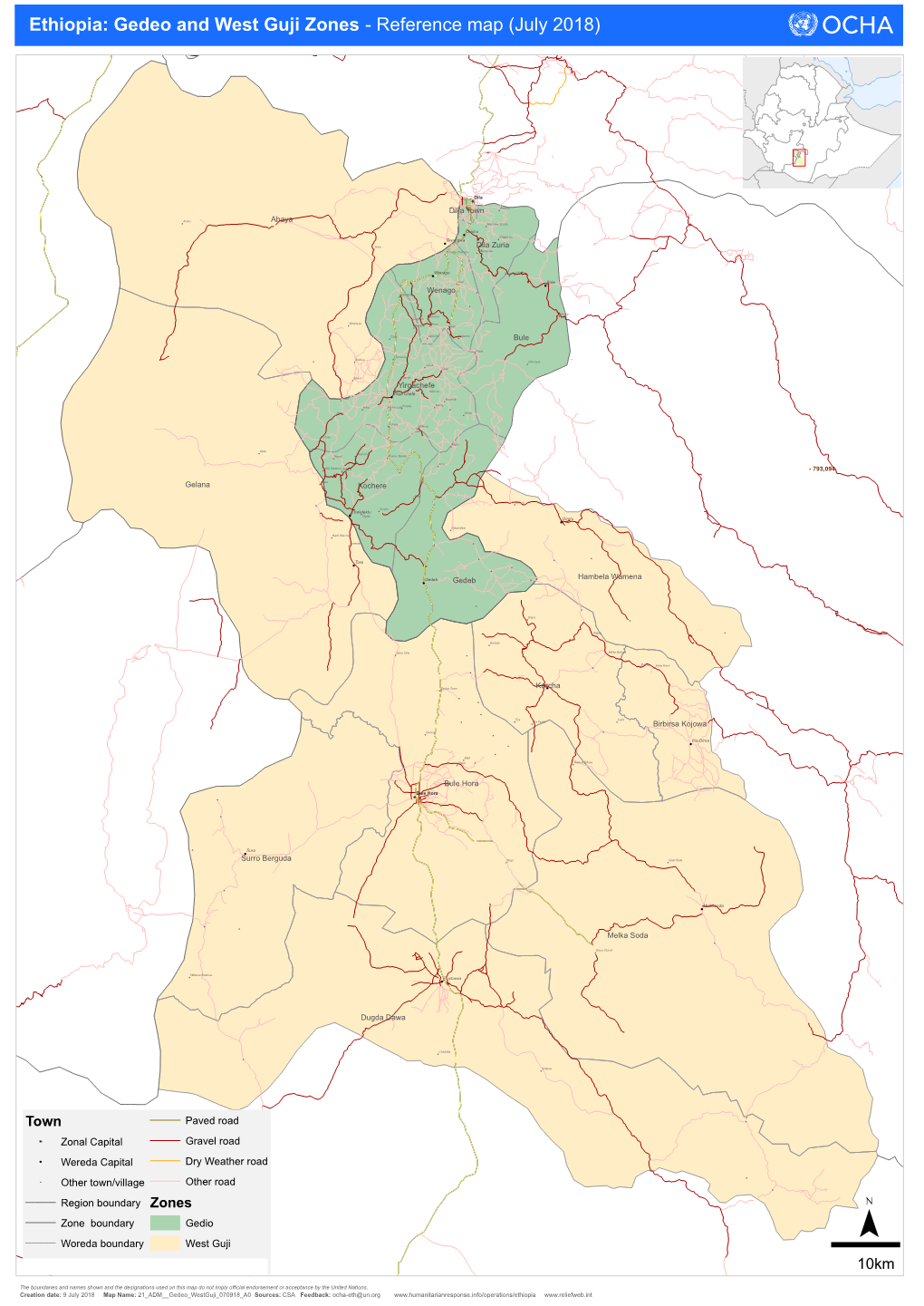 Ethiopia: Gedeo and West Guji Zones - Reference Map (July 2018)