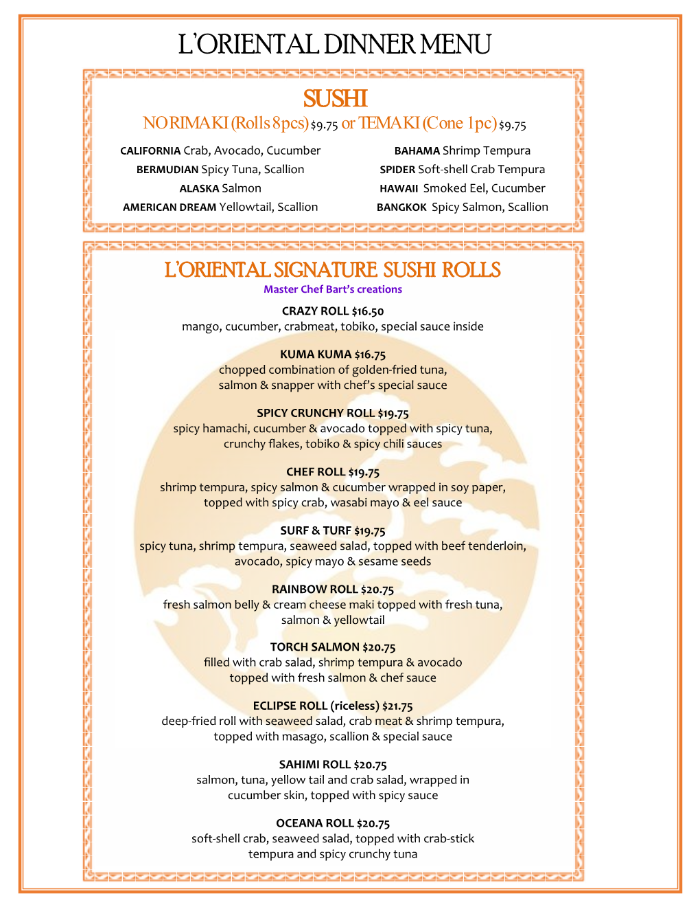 L'oriental Dinner Menu