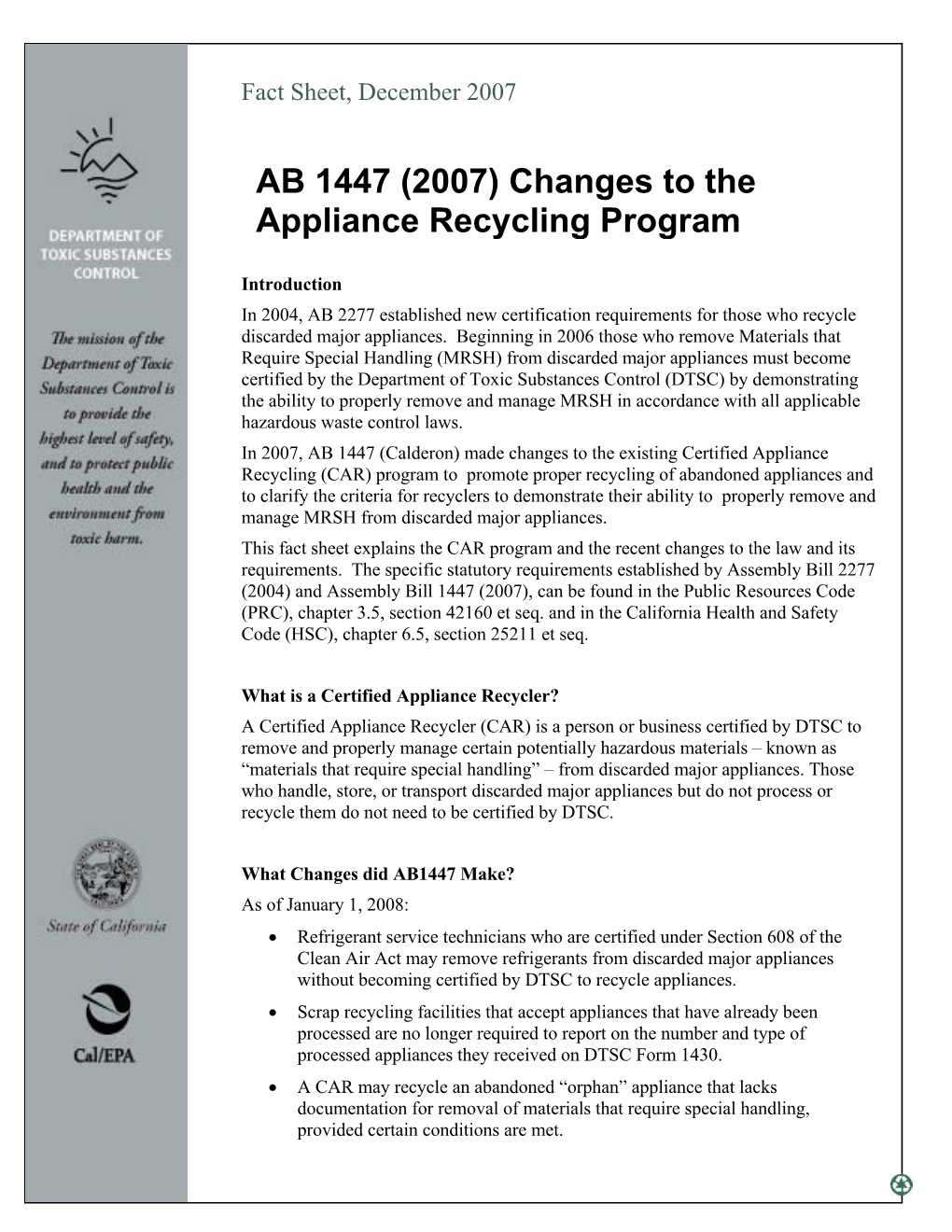 Changes to the Appliance Recycling Program