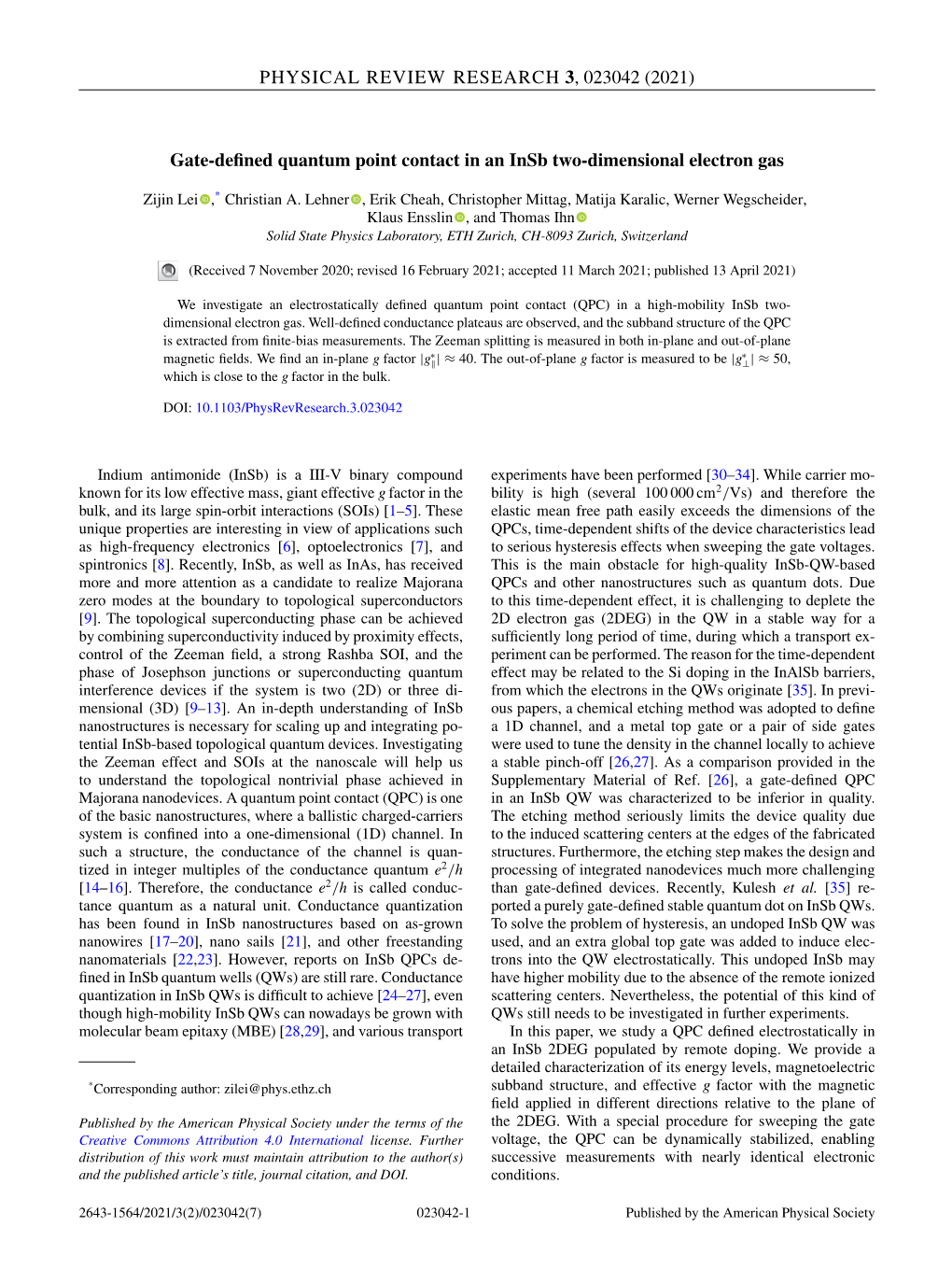 Gate-Defined Quantum Point Contact in an Insb Two-Dimensional Electron