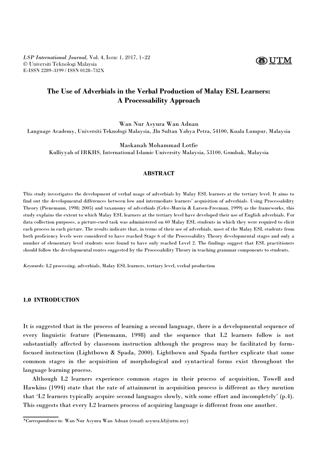 The Use of Adverbials in the Verbal Production of Malay ESL Learners: a Processability Approach