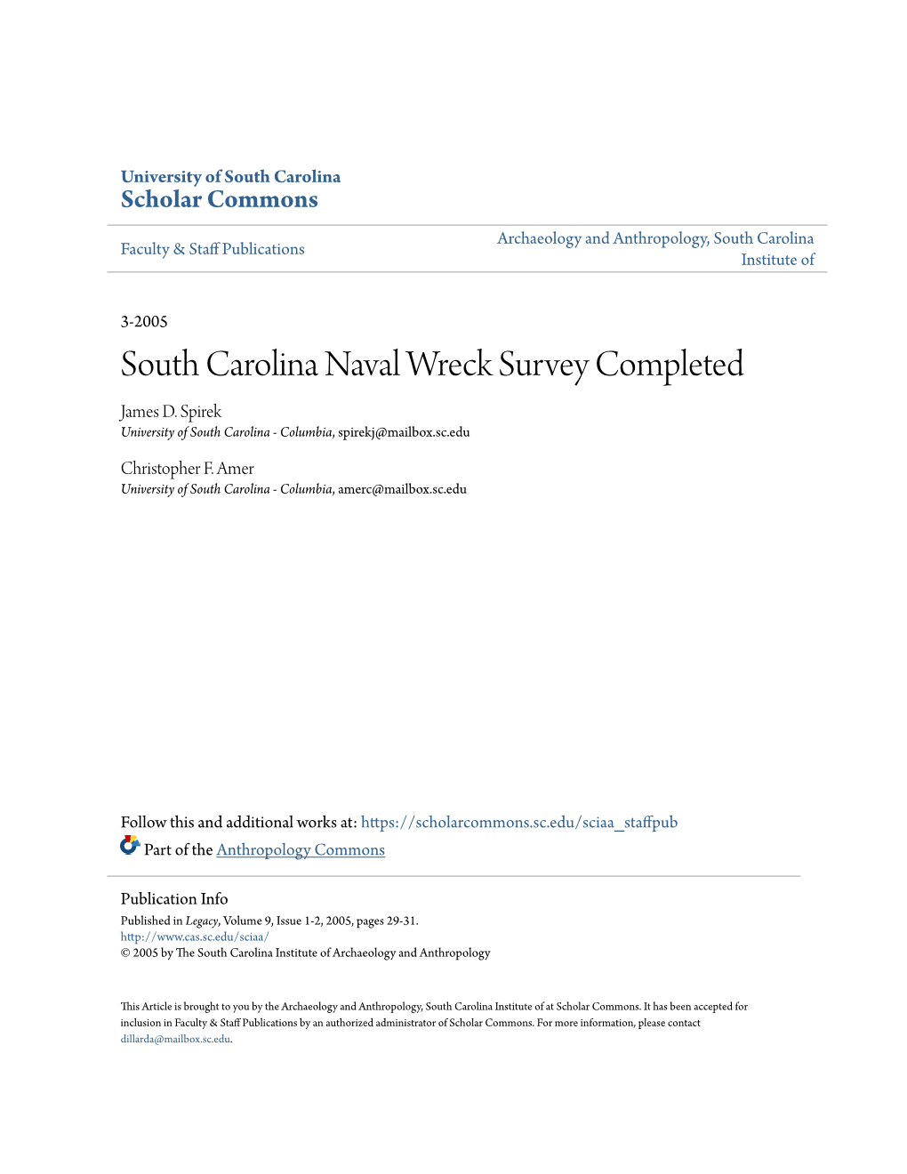 South Carolina Naval Wreck Survey Completed James D