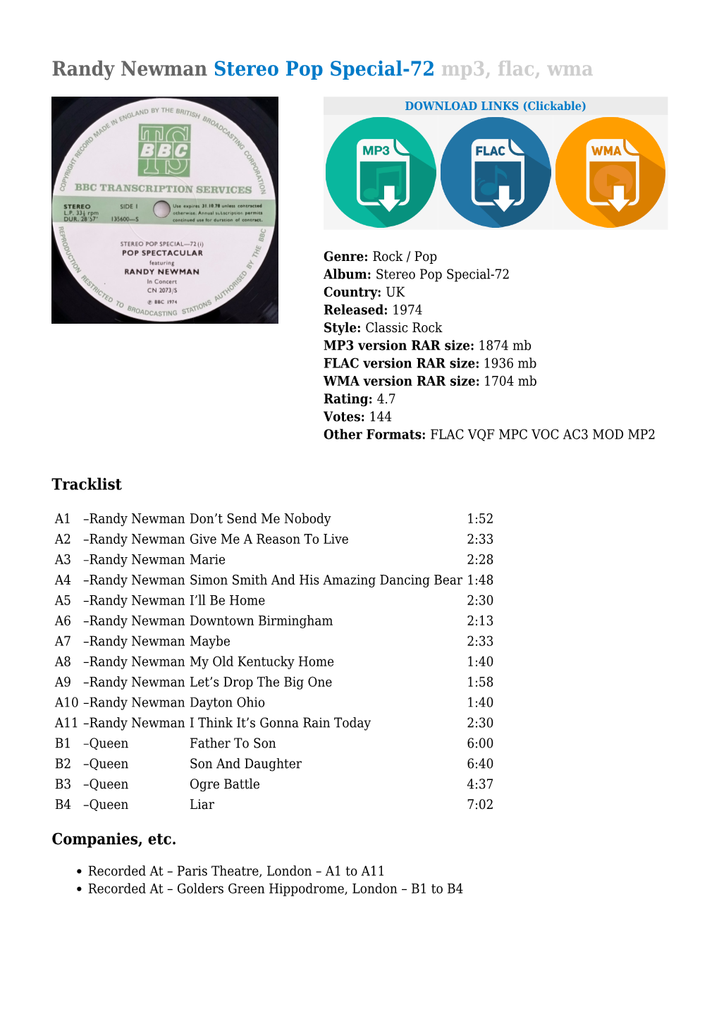 Randy Newman Stereo Pop Special-72 Mp3, Flac, Wma