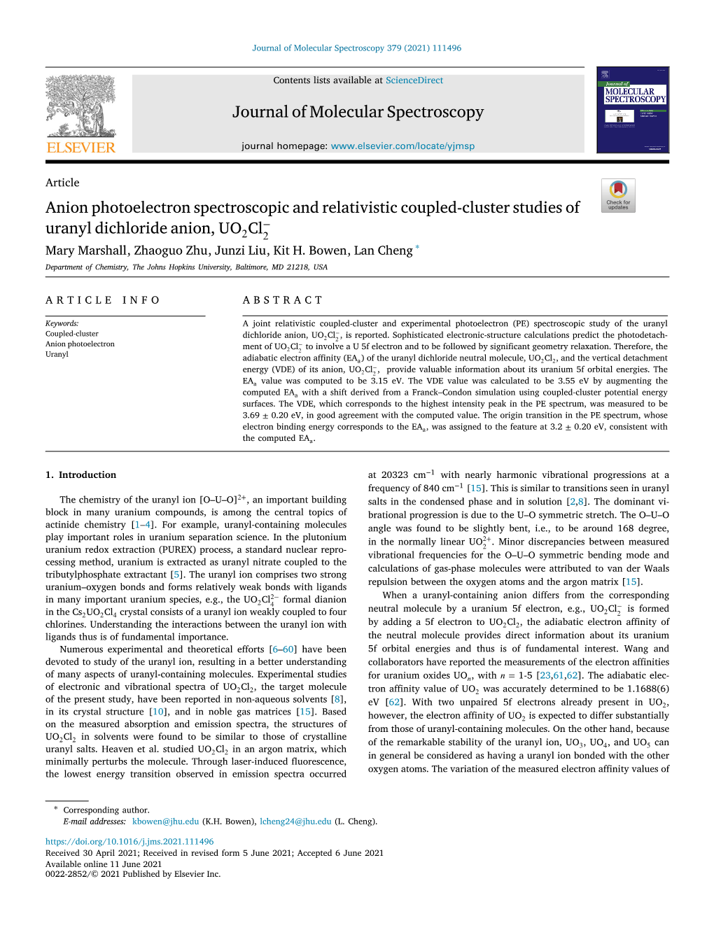 Anion Photoelectron Spectroscopic and Relativistic Coupled-Cluster Studies of − Uranyl Dichloride Anion, Uo2cl2 Mary Marshall, Zhaoguo Zhu, Junzi Liu, Kit H