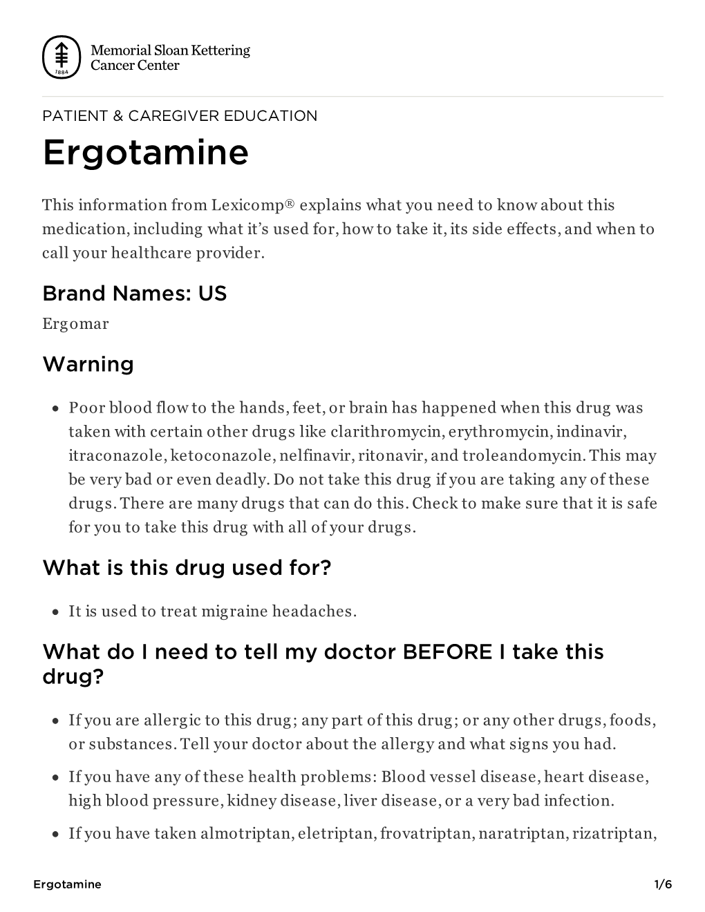 Ergotamine | Memorial Sloan Kettering Cancer Center