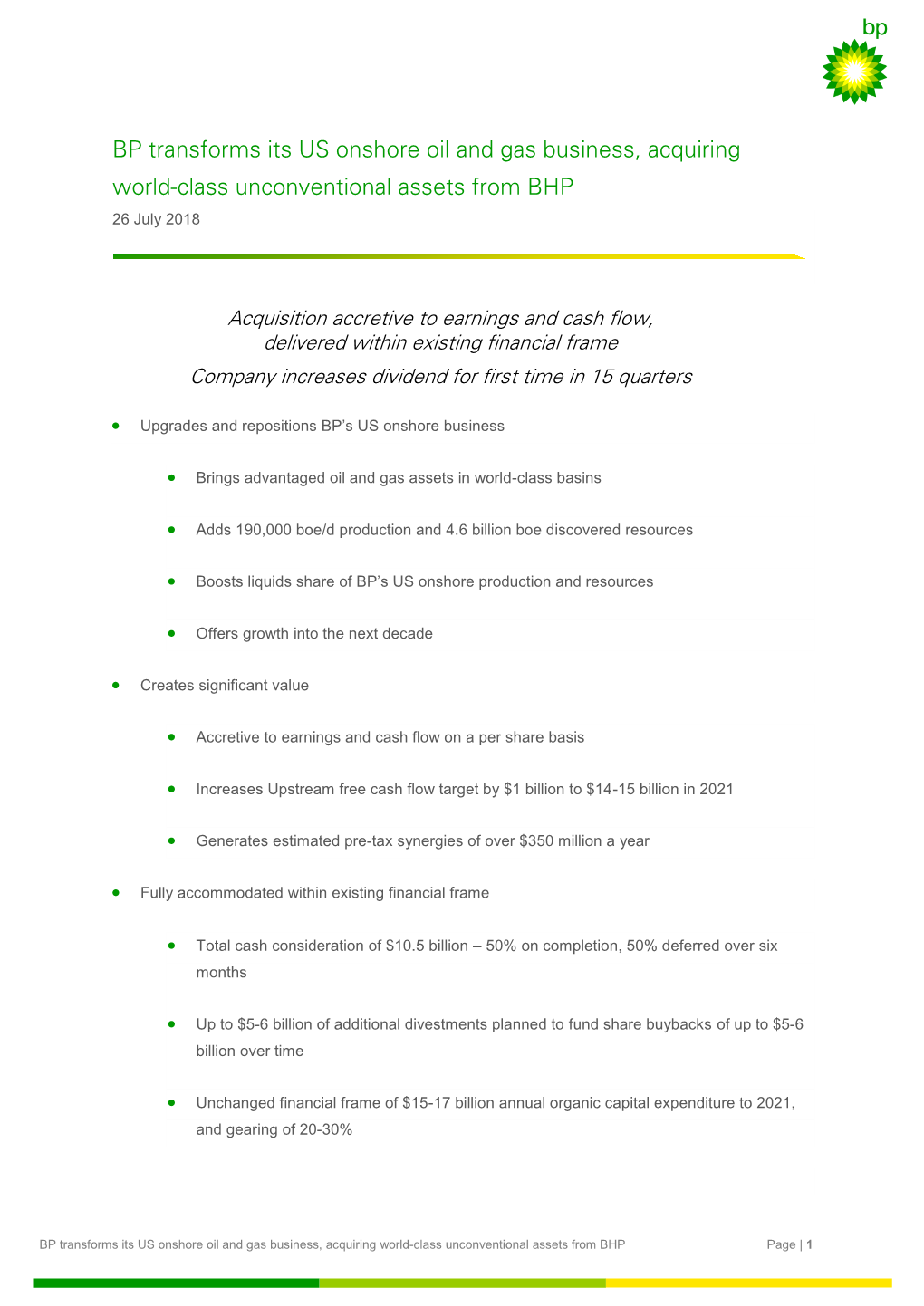 BP Transforms Its US Onshore Oil and Gas Business, Acquiring World-Class Unconventional Assets from BHP 26 July 2018