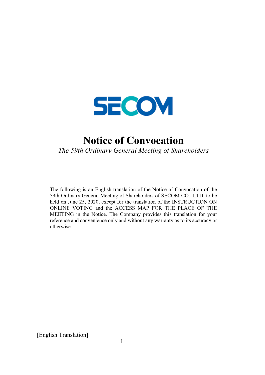 Notice of Convocation the 59Th Ordinary General Meeting of Shareholders