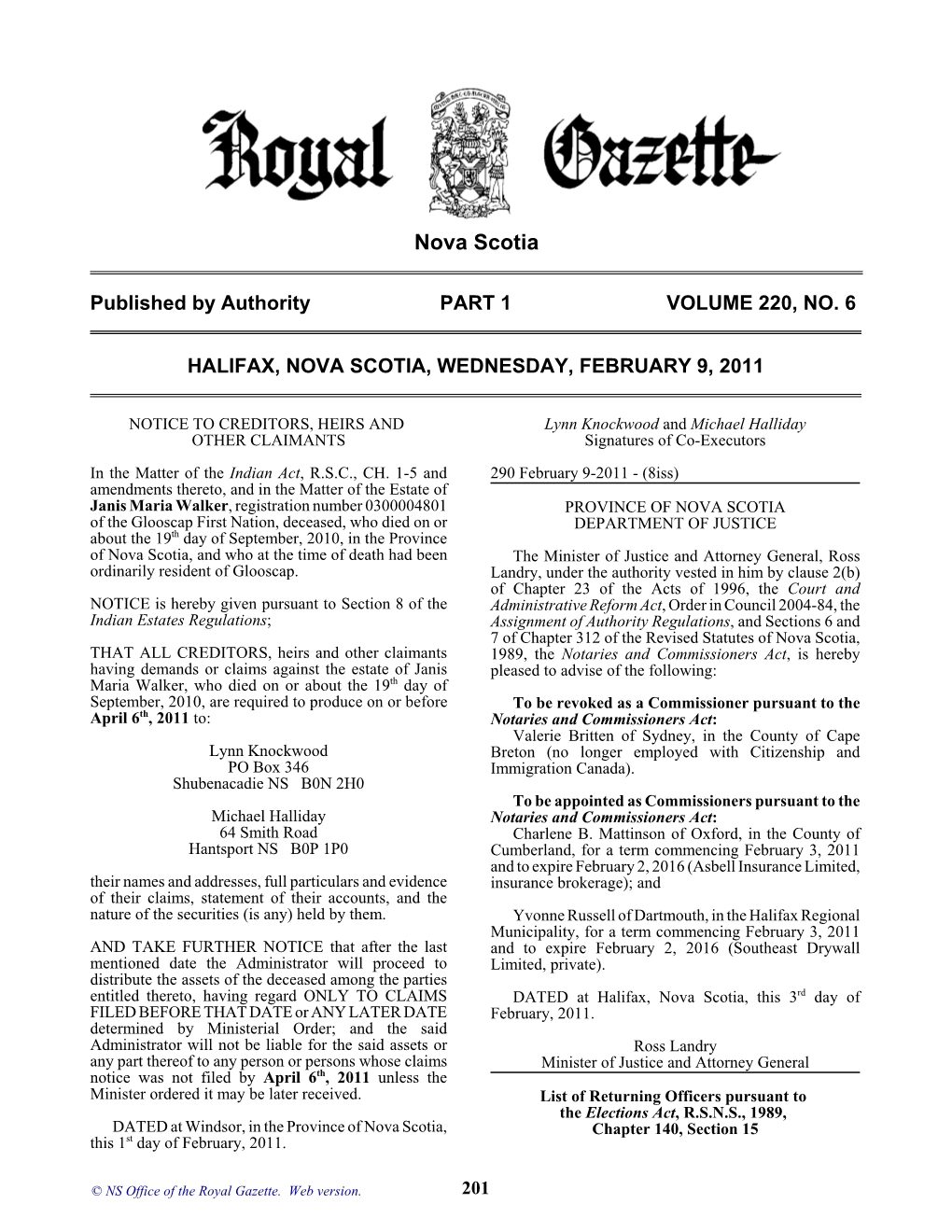 NS Royal Gazette Part I