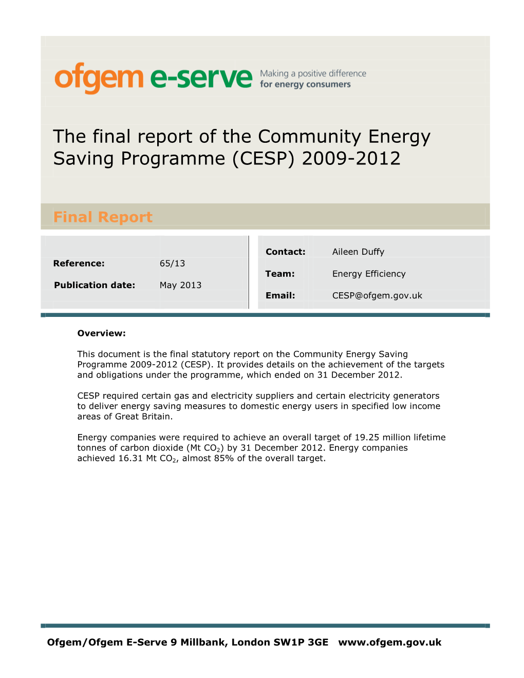 The Final Report of the Community Energy Saving Programme (CESP) 2009-2012