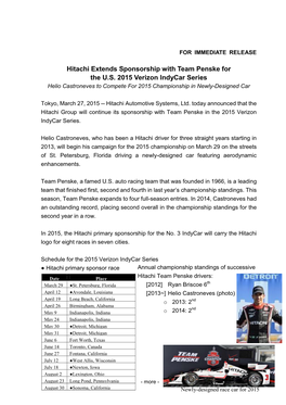 Hitachi Extends Sponsorship with Team Penske for the U.S. 2015 Verizon Indycar Series Helio Castroneves to Compete for 2015 Championship in Newly-Designed Car