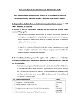 State of Conservation Report Regarding Progress So Far Made with Regard to the Recommendations of the World Heritage Committee in Decision 37COMB.61